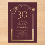 Invitaciones Acrílicas Celestial Red Gold Sun Moon Stars 30 cumpleaños<br><div class="desc">Astronomía del Celestial Red Gold Sun Moon 30th Birthday Acrylic Invitation presenta un elegante sol dorado, luna y estrellas con un marco dorado sobre un fondo rosado profundo. Adentro está tu personalizado la información de la invitación por trigésimo cumpleaños. Personalice editando el texto en los cuadros de texto. Diseñado por...</div>