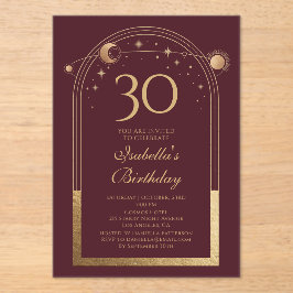 Invitaciones Acrílicas Celestial Red Gold Sun Moon Stars 30 cumpleaños
