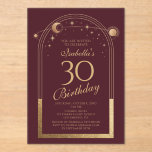 Invitaciones Acrílicas Celestial Red Gold Sun Moon Stars 30 cumpleaños<br><div class="desc">Astronomía del Celestial Red Gold Sun Moon 30th Birthday Acrylic Invitation presenta un elegante sol dorado, luna y estrellas con un marco dorado sobre un fondo rosado profundo. Adentro está tu personalizado la información de la invitación por trigésimo cumpleaños. Personalice editando el texto en los cuadros de texto. Diseñado por...</div>