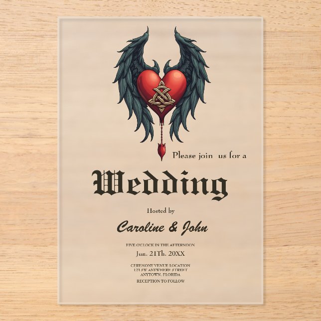 Invitaciones Acrílicas Celtic elegance with a heart and wings.  (Anverso)