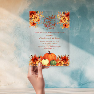 Invitaciones Acrílicas Cena de Acción de Gracias naranja calabaza flores