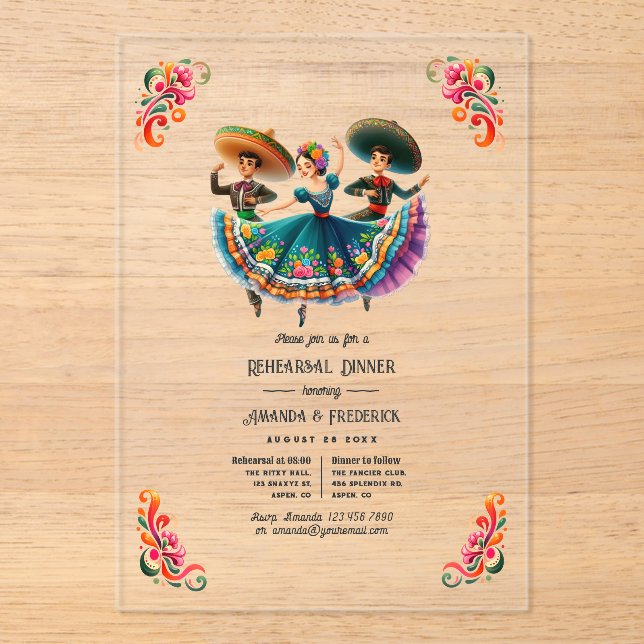 Invitaciones Acrílicas Cena de ensayo de Fiesta Folclórica Mexicana (Anverso)