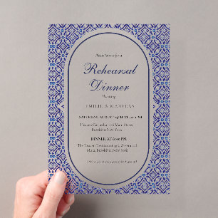 Invitaciones Acrílicas Cena de ensayo española de Talavera mexicana azul