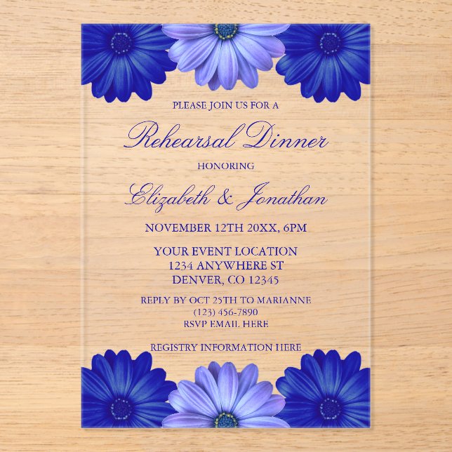 Invitaciones Acrílicas Cena de ensayo floral azul (Anverso)