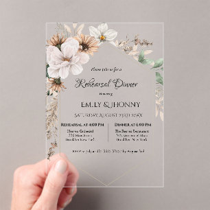Invitaciones Acrílicas Cena de ensayo floral boho rústica