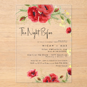 Invitaciones Acrílicas Cena de Ensayo Floral Rojo La Noche Antes