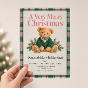 Invitaciones Acrílicas Cena de Navidad a cuadros con osito elegante