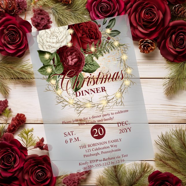 Invitaciones Acrílicas Cena de Navidad - Corona de Vid Floral Iluminada (Christmas Dinner Floral Grapevine Faux Lighted Wreath Acrylic Invitations)