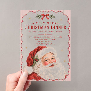 Invitaciones Acrílicas Cena de Navidad Rosa Santa Vintage