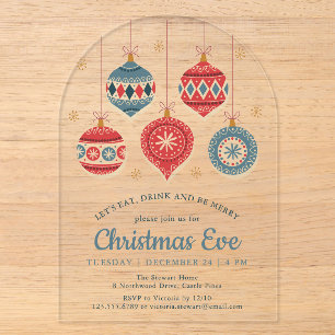 Invitaciones Acrílicas Cena de Nochebuena Adornos Rojos y Azules
