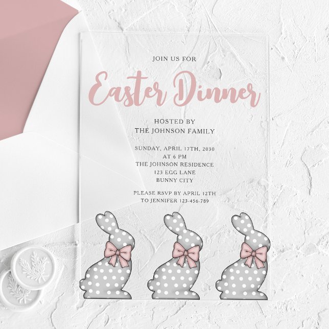 Invitaciones Acrílicas Cena de Semana Santa de Conejo Rosa (Cute Pink Bunny Easter Dinner Acrylic Invitations)