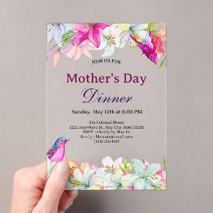 Invitaciones Acrílicas Cena del Día de la Madre con Florales Acuarela Lin