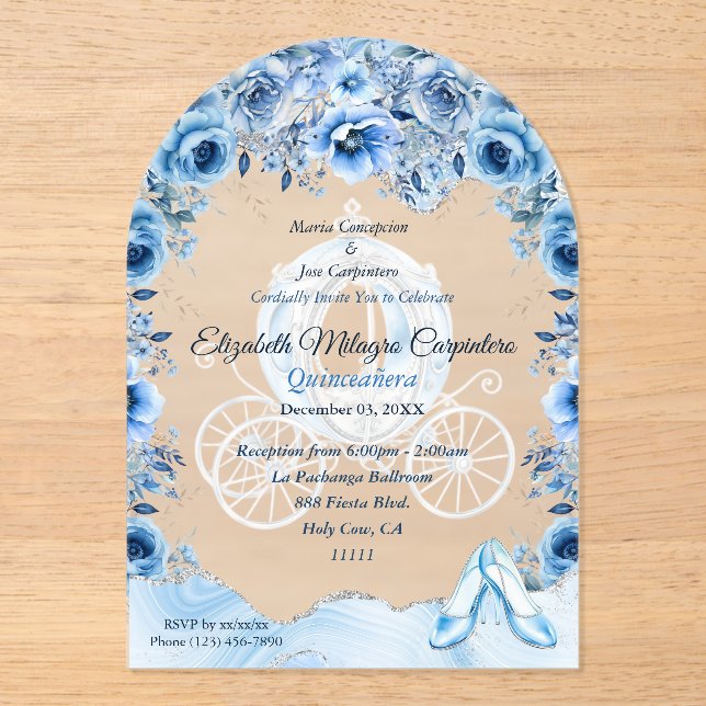 Invitaciones Acrílicas Cenicienta azul de bebé mágico Quinceañera (Anverso)