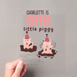 Invitaciones Acrílicas Cerdo Jugando en el Barro Cumpleaños de Cerdito po