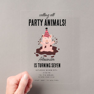Invitaciones Acrílicas Cerdos jugando en la granja de fiesta de cumpleaño