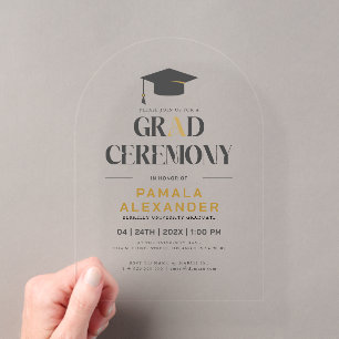 Invitaciones Acrílicas Ceremonia de Graduación Tipografía Retro Oro y Gri