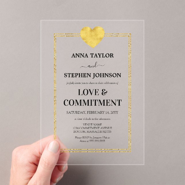 Invitaciones Acrílicas Ceremonia Lux Gold Heart Love & Commitency (Insitu (portátil))