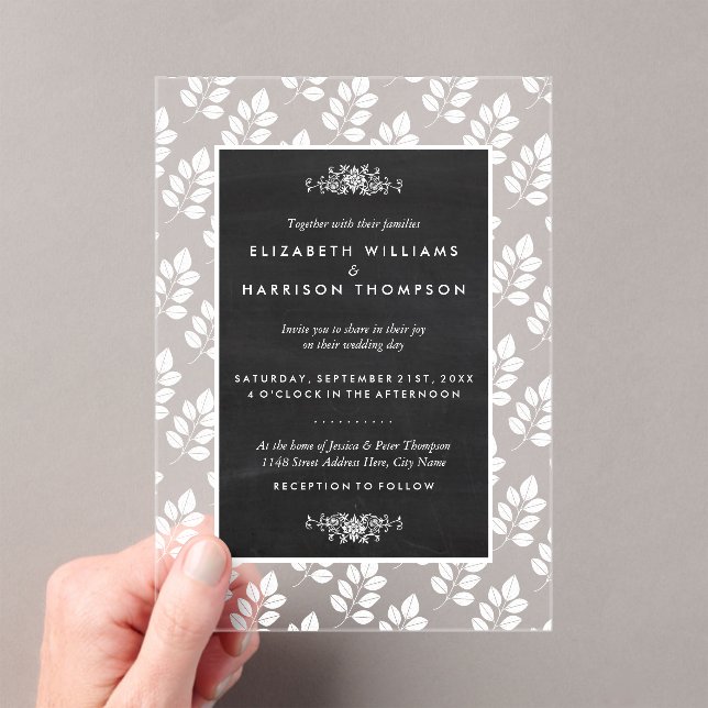 Invitaciones Acrílicas Chalkboard Floral Leaf Wedding (Insitu (portátil))