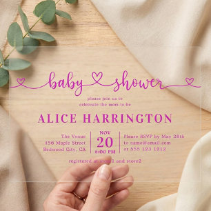 Invitaciones Acrílicas Chamada de Caligrafía Minimalista Rosa Baby Shower