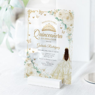 Invitaciones Acrílicas Champage Rosas Acuarela Marfil Quinceañera Dorada