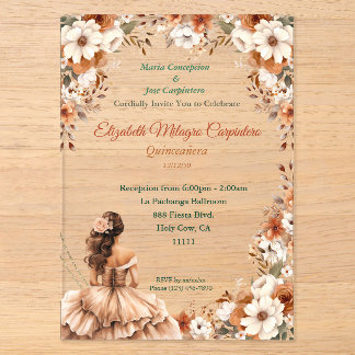 Invitaciones Acrílicas Champagne Beige Boho Quinceañera