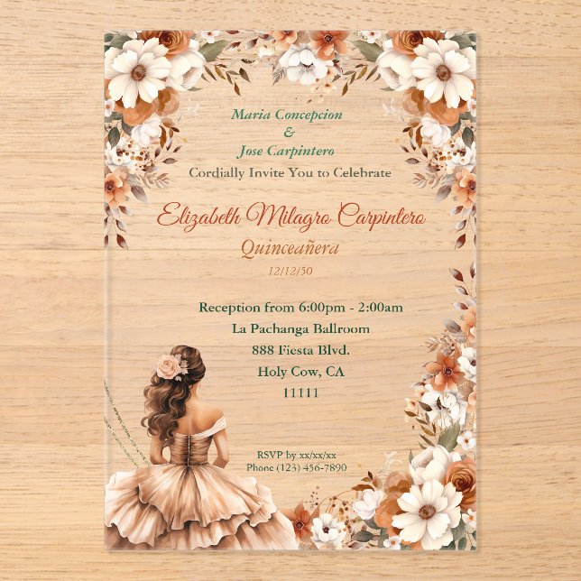 Invitaciones Acrílicas Champagne Beige Boho Quinceañera (Anverso)
