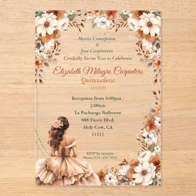 Invitaciones Acrílicas Champagne Beige Boho Quinceañera (Anverso)