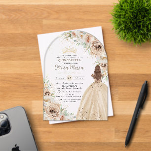 Invitaciones Acrílicas Champagne Beige Crema Floral Princesa Quinceañera