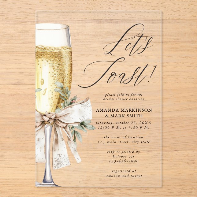 Invitaciones Acrílicas Champagne Let's Toast Winter Bridal Shower (Anverso)