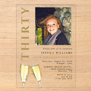 Invitaciones Acrílicas Champagne para Cumpleaños 30 Elegante