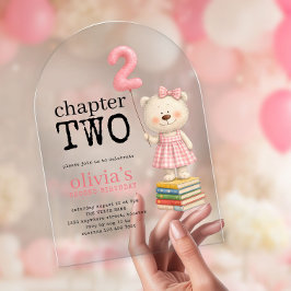 Invitaciones Acrílicas Chapter Two Teddy Bear Books Girl 2nd Birthday