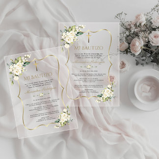 Invitaciones Acrílicas Charm Bautizo Con Blanca Flores Bautismo