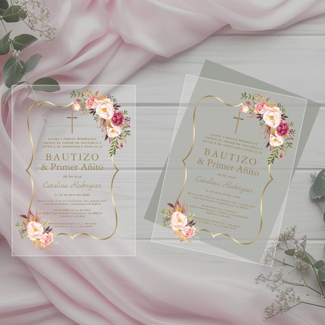 Invitaciones Acrílicas Charm Gold Pink Rubor Flores Primer bautismo de cu (Subido por el creador)