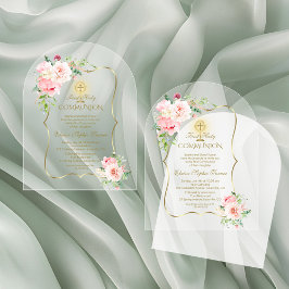 Invitaciones Acrílicas Charm Gold Spring Rubor Floral Chica Santa Comunió