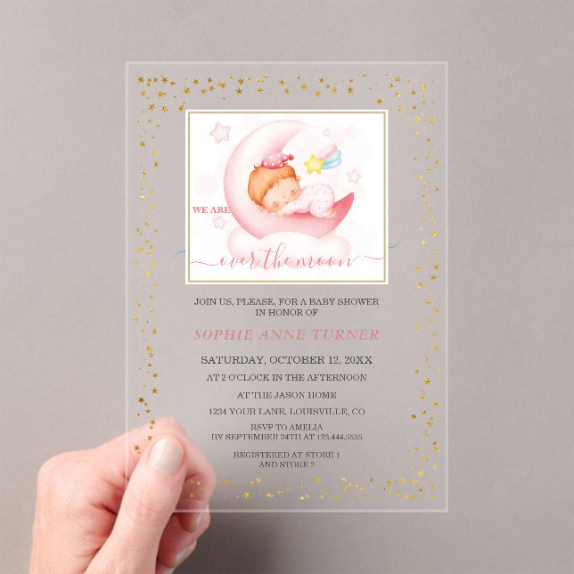 Invitaciones Acrílicas Charm Over the Moon Chica Calligraphy Baby Shower (Insitu (portátil))