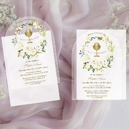Invitaciones Acrílicas Charm White Cream Floral First Holy Communición