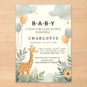 Invitaciones Acrílicas Charming Cumpleaños de Bebé de Jirafa