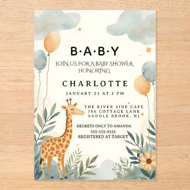 Invitaciones Acrílicas Charming Cumpleaños de Bebé de Jirafa (Anverso)