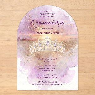 Invitaciones Acrílicas Charming Lilac & Gold Tiara Watercolor Quinceañera