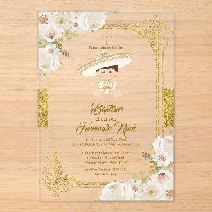 Invitaciones Acrílicas Charro Fiesta Mexicana de Oro Bautizo de Niño