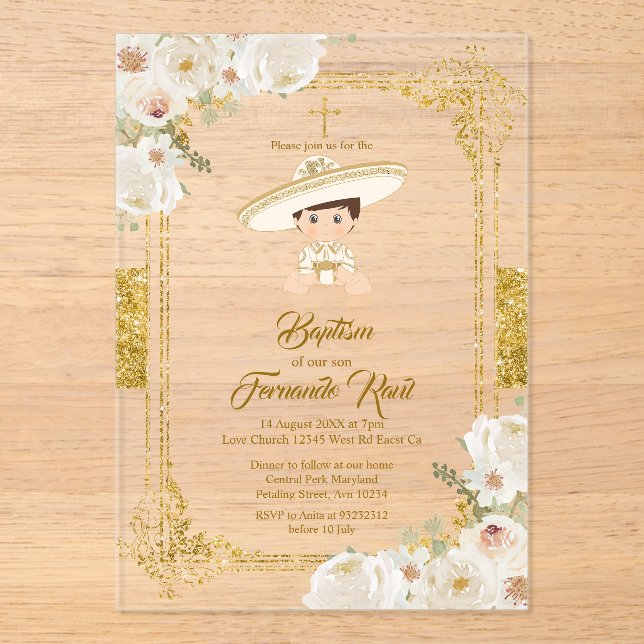Invitaciones Acrílicas Charro Mexican Gold Fiesta Boy Baptism Christening (Anverso)