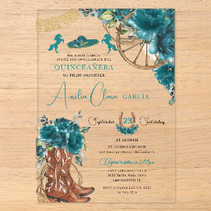Invitaciones Acrílicas Charro Quinceañera Occidental Floral Azul Verde Tu