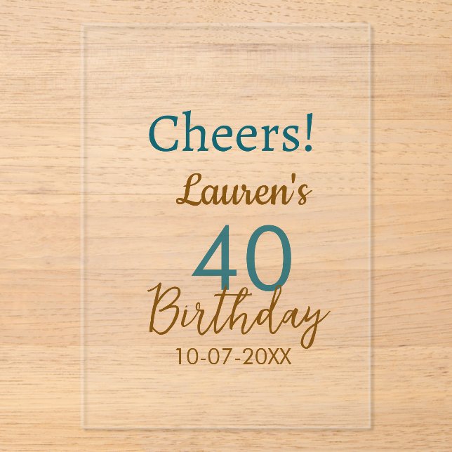 Invitaciones Acrílicas Cheers 40th birthday name date brown turquoise sim (Anverso)