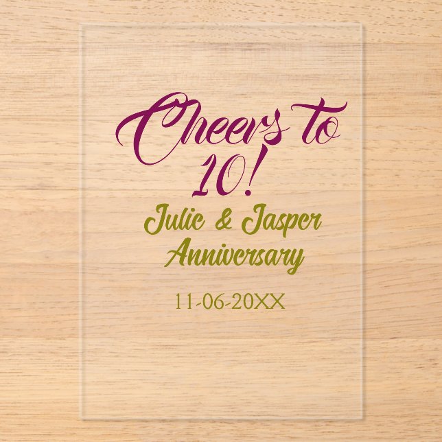 Invitaciones Acrílicas Cheers to 10th wedding anniversary mauve golden na (Anverso)