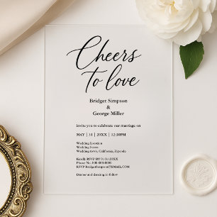 Invitaciones Acrílicas Cheers to Love Elegante Boda negro transparente
