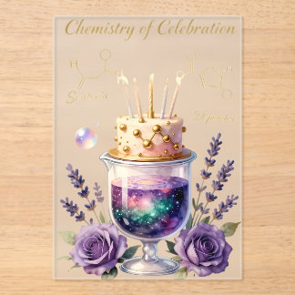 Invitaciones Acrílicas Chemistry Birthday Celebration Flask and Floral Ca
