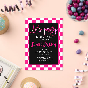 Invitaciones Acrílicas Chequero blanco rosado caliente fiesta Lets dulce 