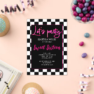 Invitaciones Acrílicas Chequero blanco rosado caliente Lets fiesta Dulce