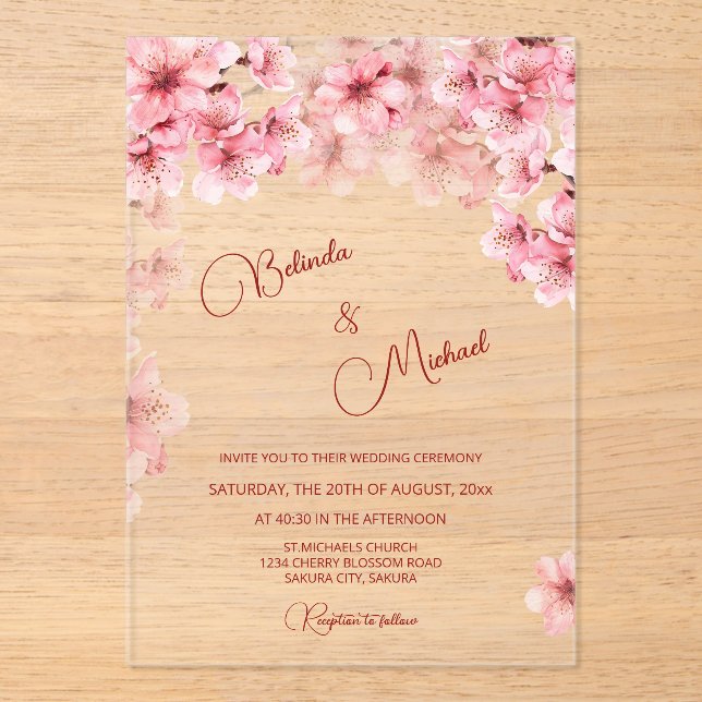 Invitaciones Acrílicas  Cherry Blossom Clear Wedding (Anverso)