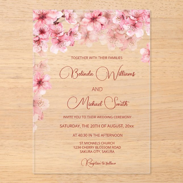 Invitaciones Acrílicas  Cherry Blossom Clear Wedding (Anverso)